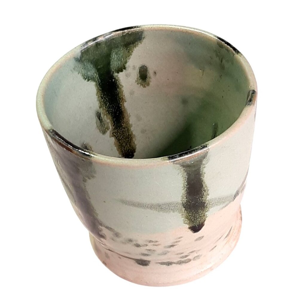 Handmade Ceramic Planter with Abstract Green & Beige Glaze